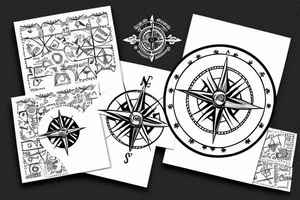 minimalistic compass in a pirate style with a post card stamp tattoo idea