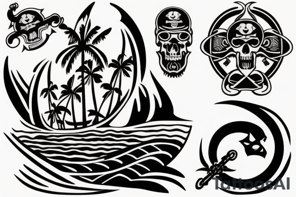 Design a tattoo inspired by the landscapes of Polynesian islands with a pirate ship tattoo idea