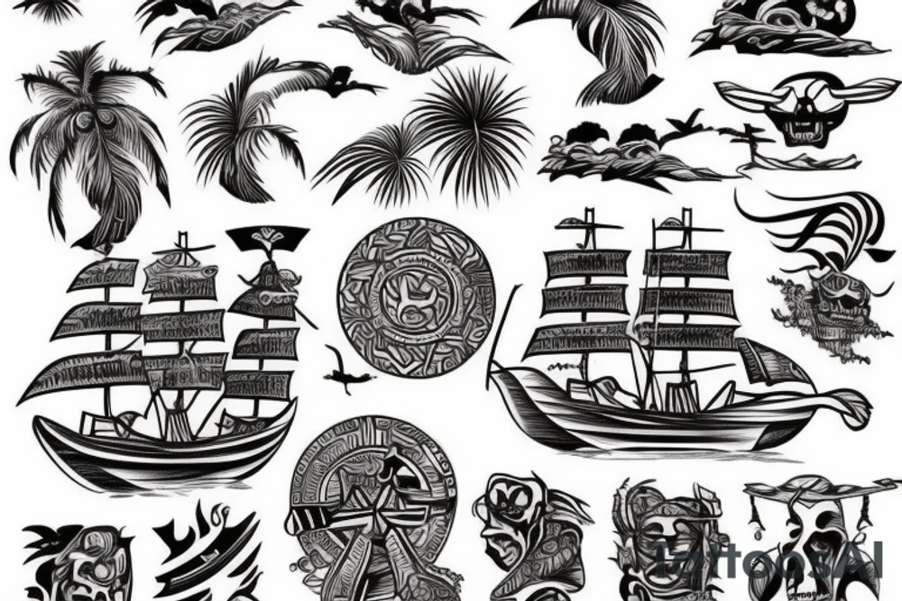 Design a tattoo inspired by the landscapes of Polynesian islands with a pirate ship tattoo idea