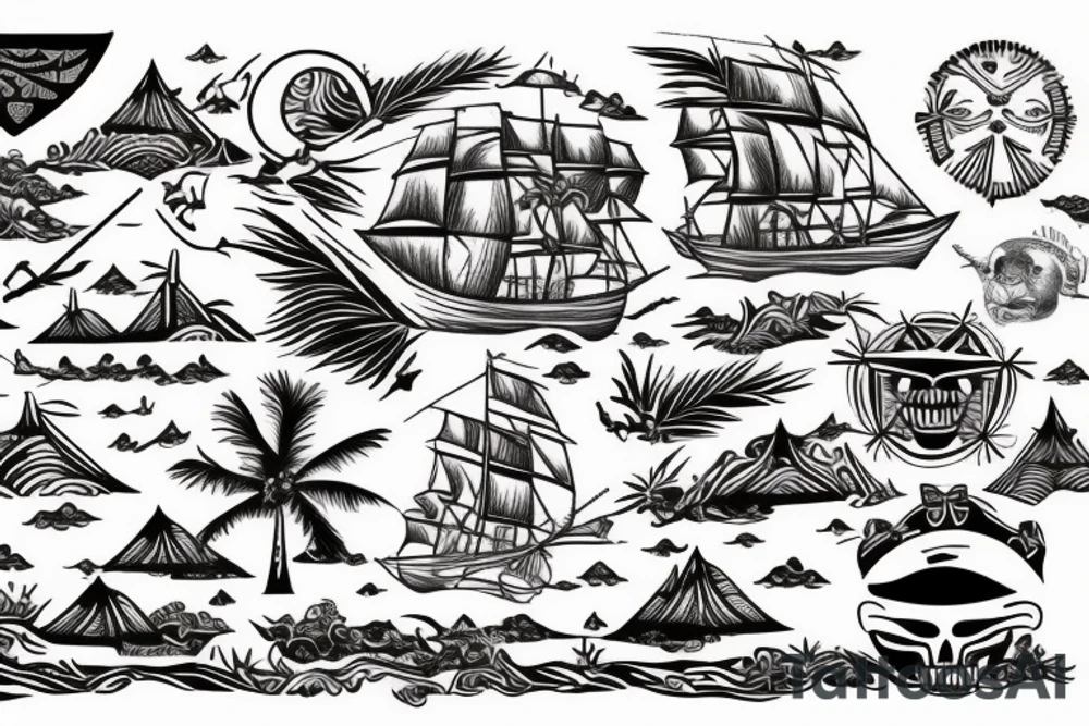 Design a tattoo inspired by the landscapes of Polynesian islands with a pirate ship tattoo idea