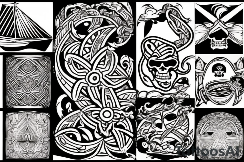 Design a tattoo inspired by the landscapes of Polynesian islands with a pirate ship tattoo idea