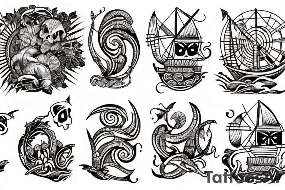 Design a tattoo inspired by the landscapes of Polynesian islands with a pirate ship tattoo idea