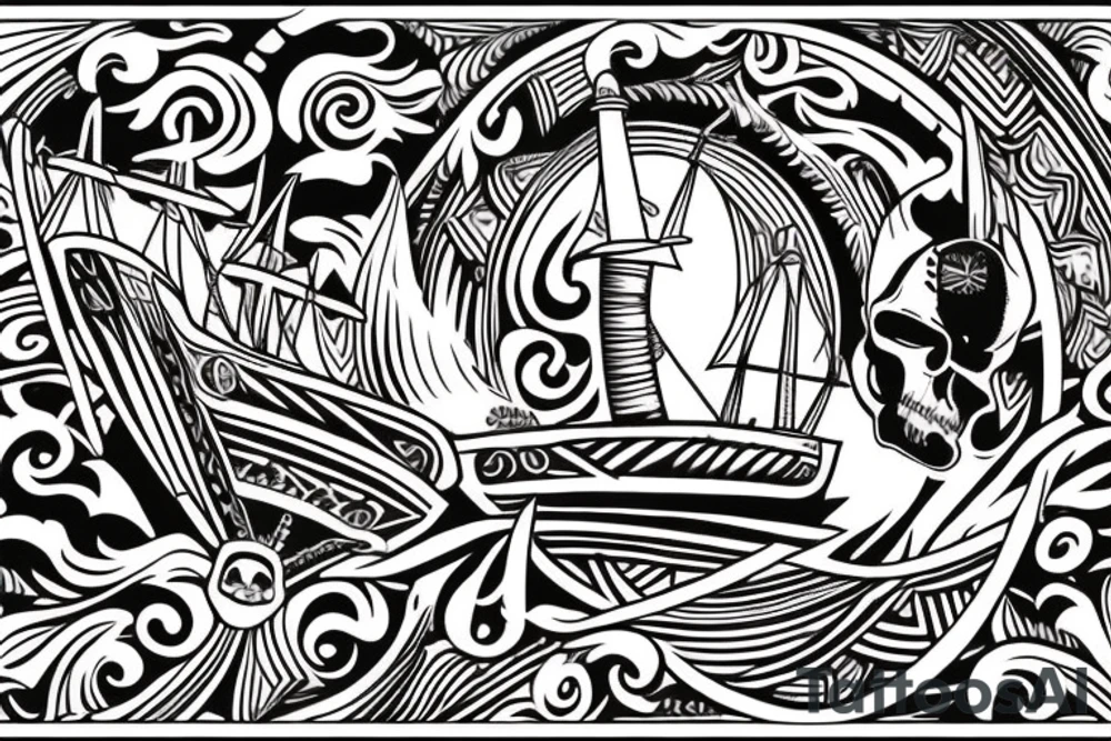 Design a tattoo inspired by the landscapes of Polynesian islands with a pirate ship tattoo idea