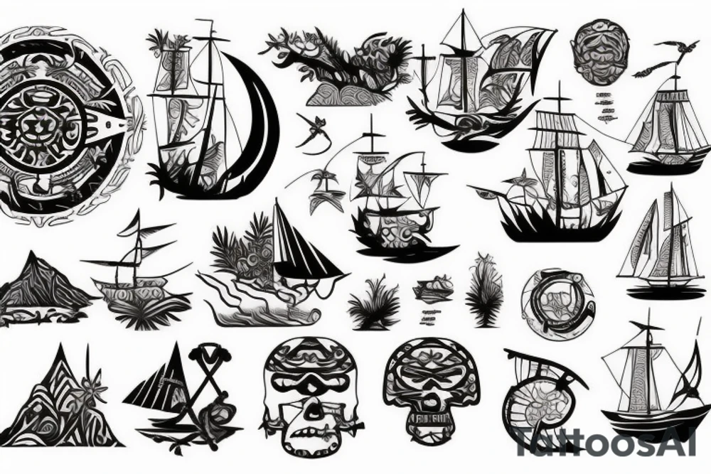 Design a tattoo inspired by the landscapes of Polynesian islands with a pirate ship tattoo idea