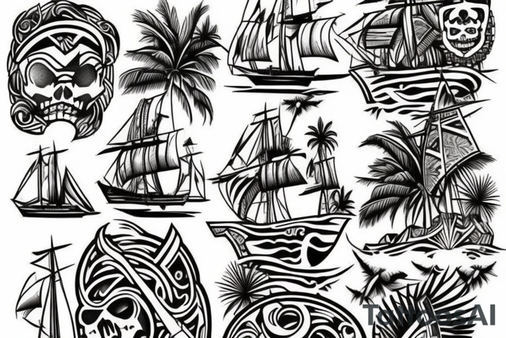 Design a tattoo inspired by the landscapes of Polynesian islands with a pirate ship tattoo idea