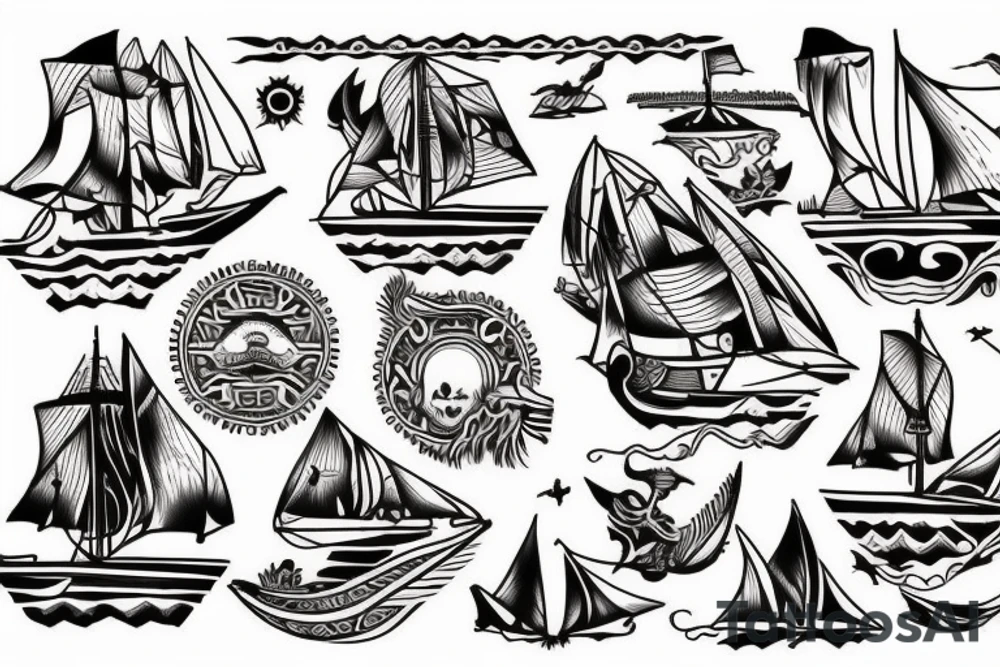 Design a tattoo inspired by the landscapes of Polynesian islands with a pirate ship tattoo idea