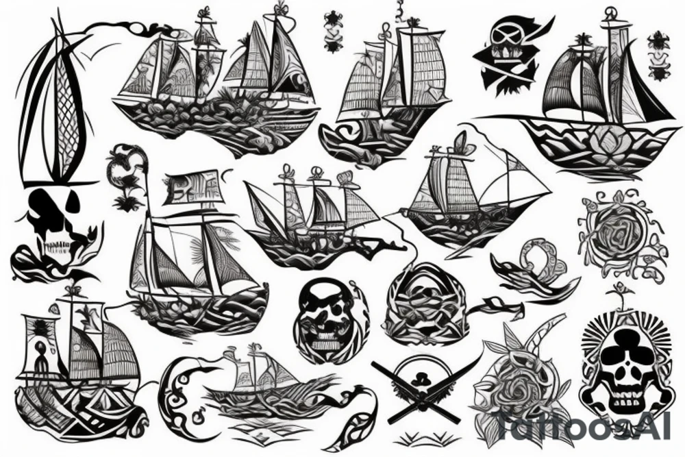 Design a tattoo inspired by the landscapes of Polynesian islands with a pirate ship tattoo idea