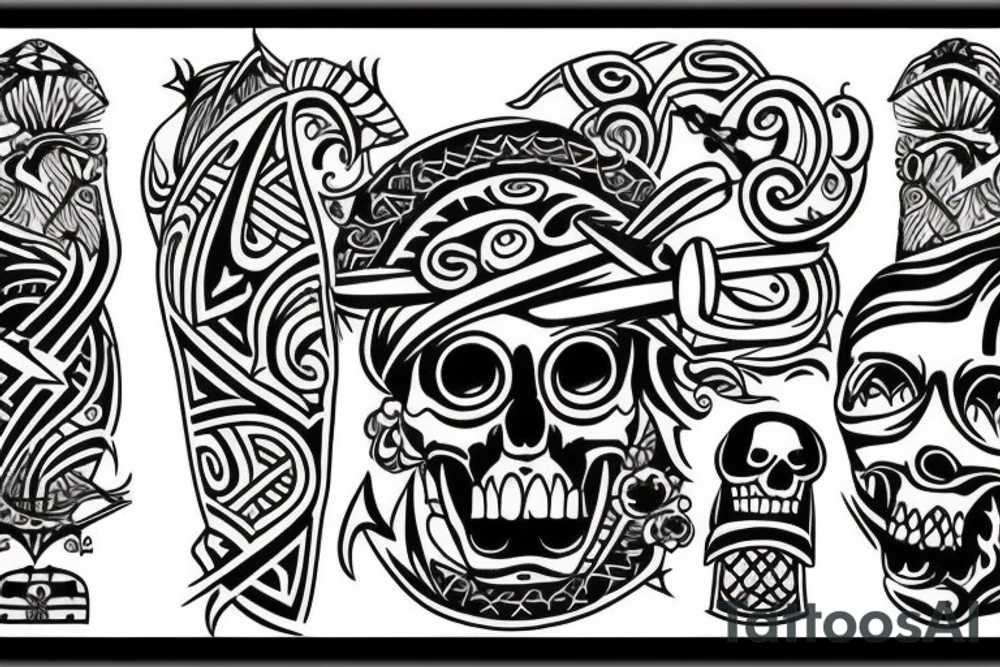 Design a tattoo inspired by the landscapes of Polynesian islands with a pirate ship tattoo idea