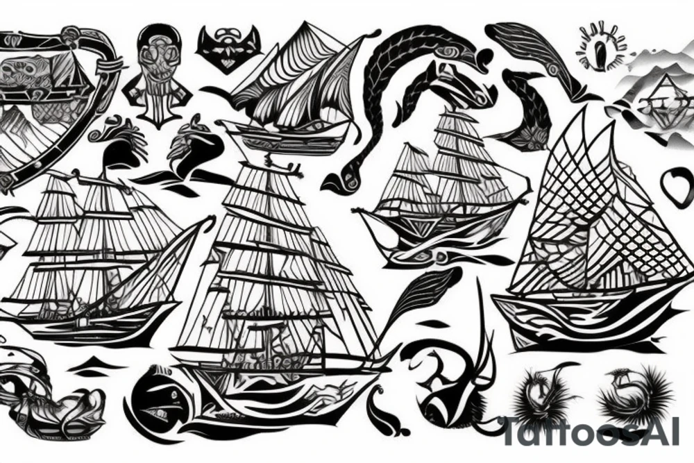 Design a tattoo inspired by the landscapes of Polynesian islands with a pirate ship tattoo idea