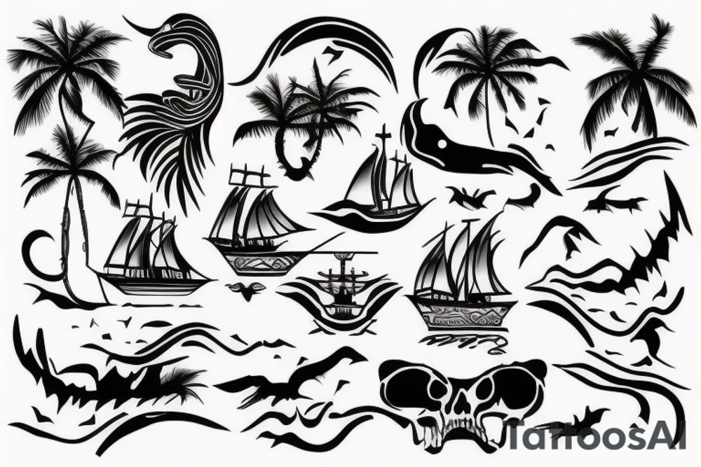 Design a tattoo inspired by the landscapes of Polynesian islands with a pirate ship tattoo idea