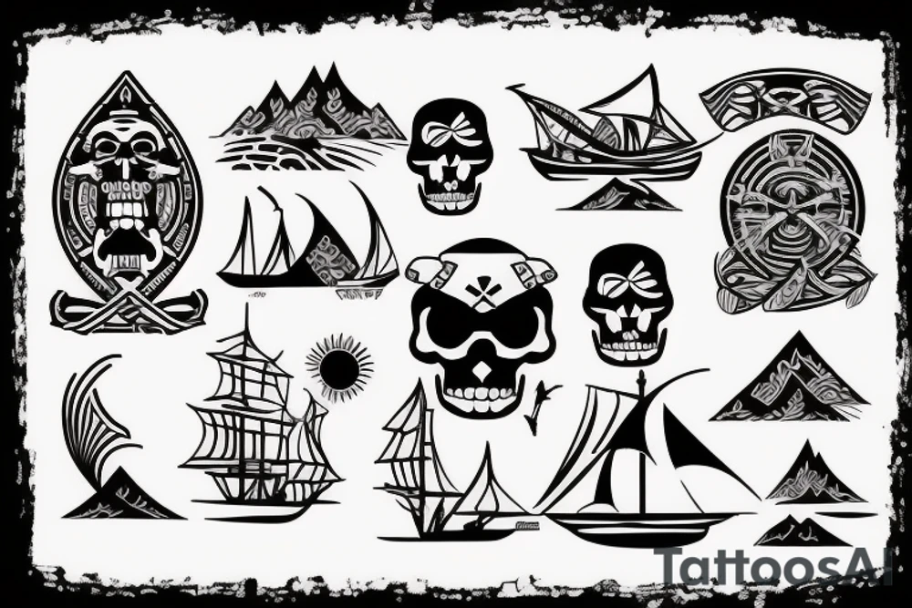 Design a tattoo inspired by the landscapes of Polynesian islands with a pirate ship tattoo idea