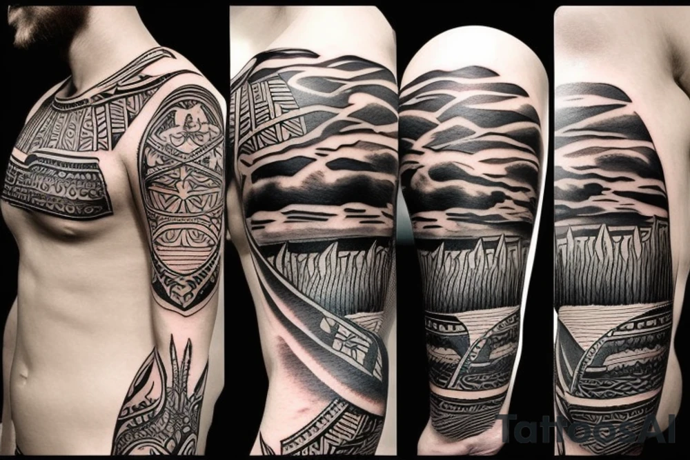 Design a tattoo inspired by the landscapes of Polynesian islands with a pirate ship tattoo idea