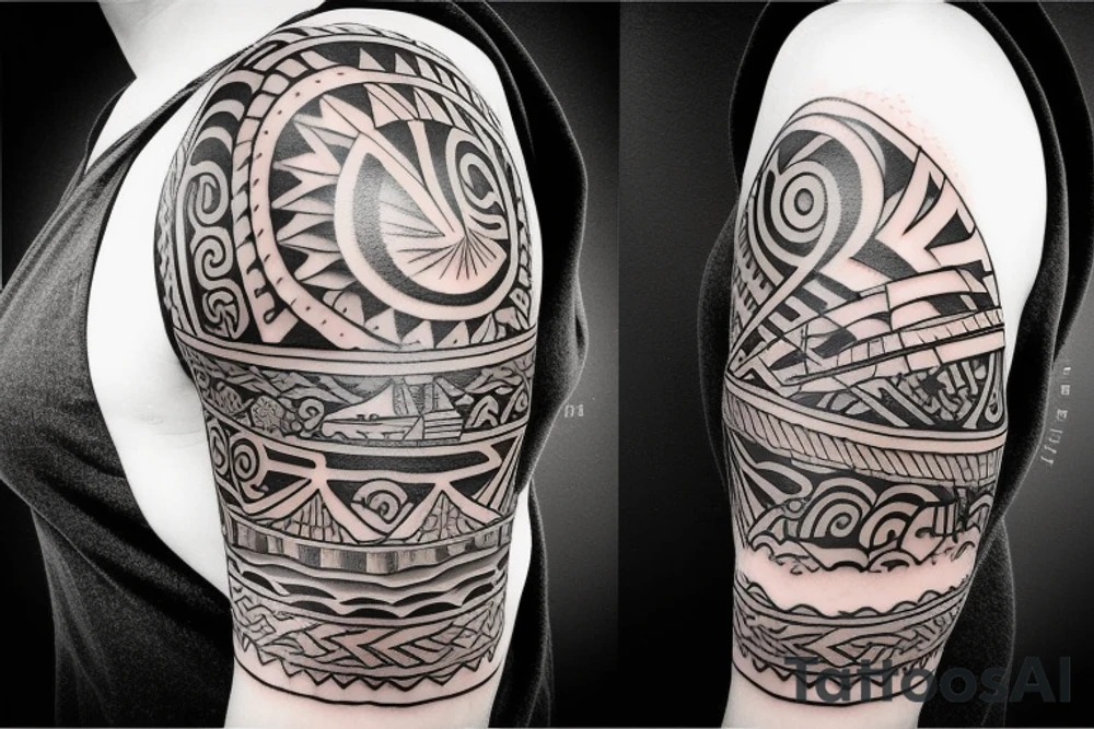 Design a tattoo inspired by the landscapes of Polynesian islands with a pirate ship tattoo idea