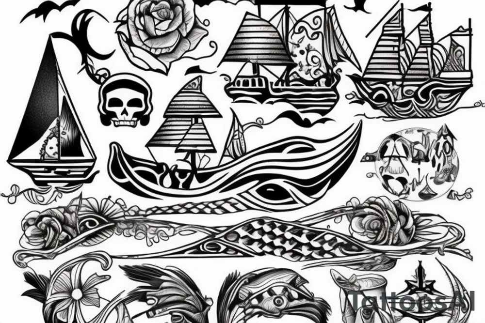 Design a tattoo inspired by the landscapes of Polynesian islands with a pirate ship tattoo idea