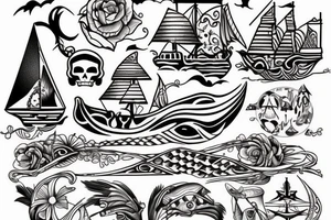 Design a tattoo inspired by the landscapes of Polynesian islands with a pirate ship tattoo idea