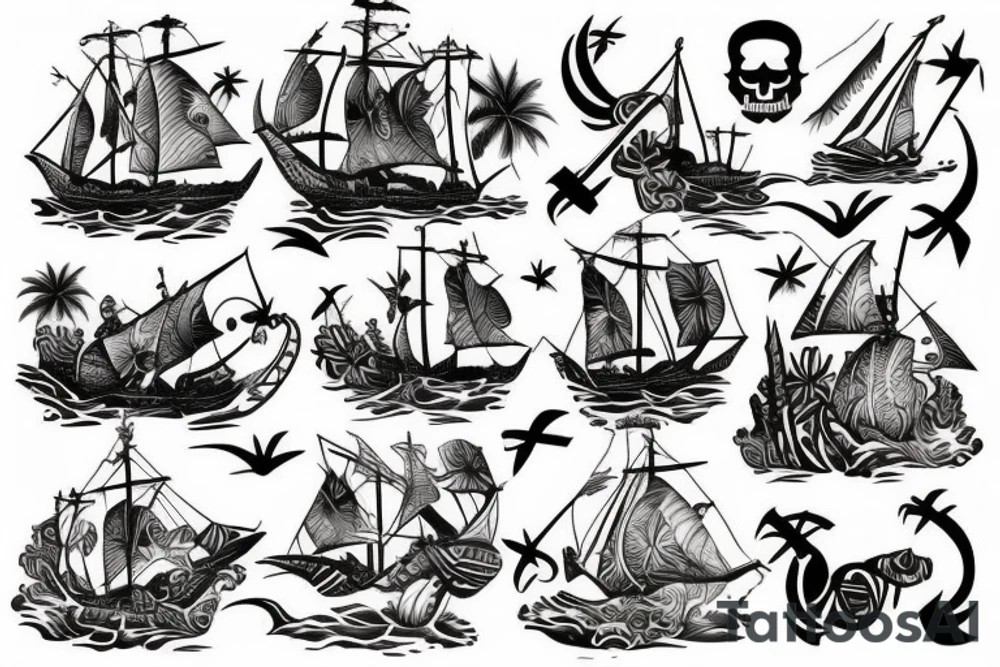 Design a tattoo inspired by the landscapes of Polynesian islands with a pirate ship tattoo idea