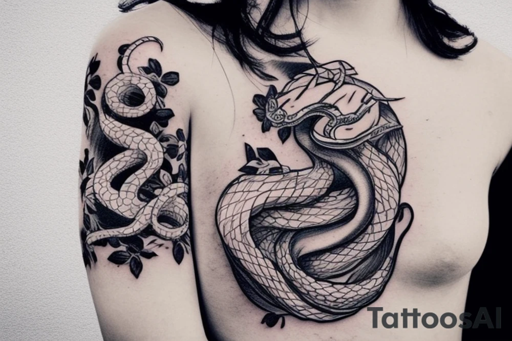 Snake wrapping around arm and woman demonic face with Japanese cherry blossoms, smoke, waves tattoo idea