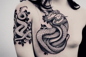 Snake wrapping around arm and woman demonic face with Japanese cherry blossoms, smoke, waves tattoo idea