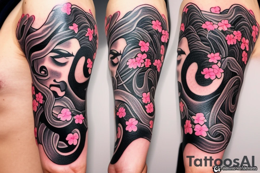 Snake wrapping around arm and woman demonic face with Japanese cherry blossoms, smoke, waves tattoo idea