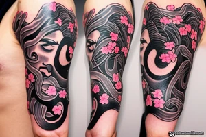 Snake wrapping around arm and woman demonic face with Japanese cherry blossoms, smoke, waves tattoo idea