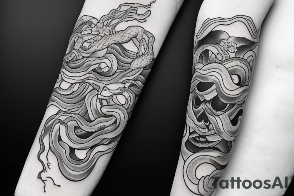 Snake wrapping around arm and woman demonic face with Japanese cherry blossoms, smoke, waves tattoo idea