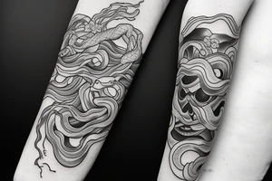 Snake wrapping around arm and woman demonic face with Japanese cherry blossoms, smoke, waves tattoo idea