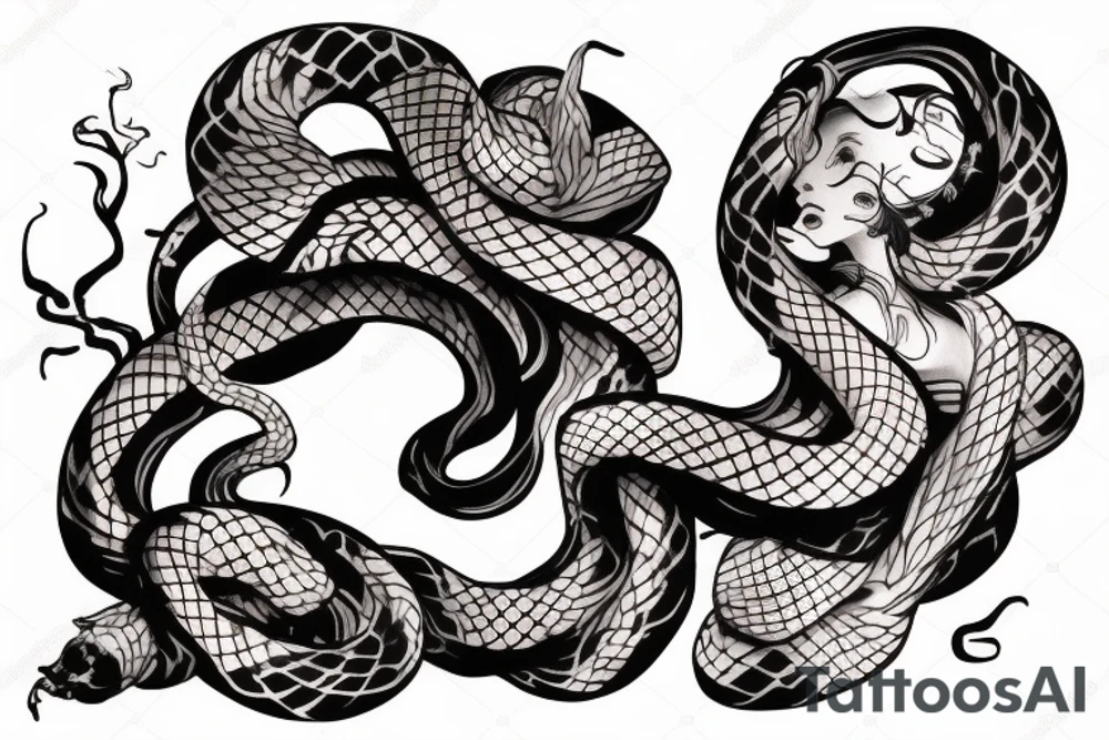 Snake wrapping around arm and woman demonic face with Japanese cherry blossoms, smoke, waves tattoo idea