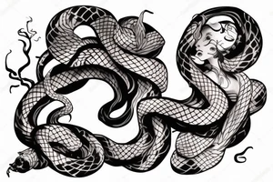Snake wrapping around arm and woman demonic face with Japanese cherry blossoms, smoke, waves tattoo idea