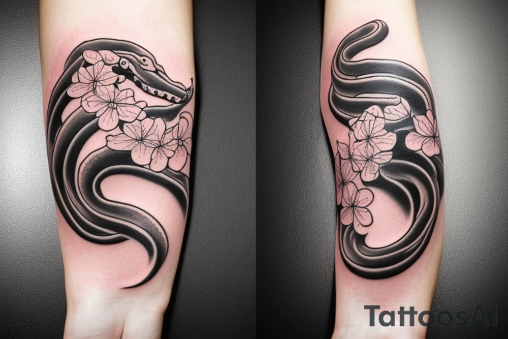 Snake wrapping around arm and woman demonic face with Japanese cherry blossoms, smoke, waves tattoo idea