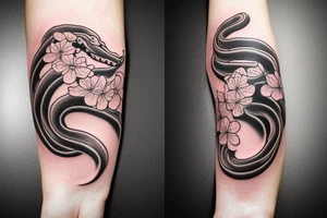 Snake wrapping around arm and woman demonic face with Japanese cherry blossoms, smoke, waves tattoo idea
