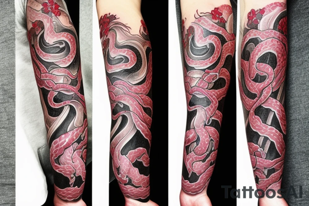 Snake wrapping around arm and woman demonic face with Japanese cherry blossoms, smoke, waves tattoo idea