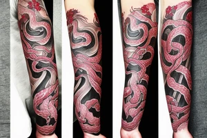 Snake wrapping around arm and woman demonic face with Japanese cherry blossoms, smoke, waves tattoo idea