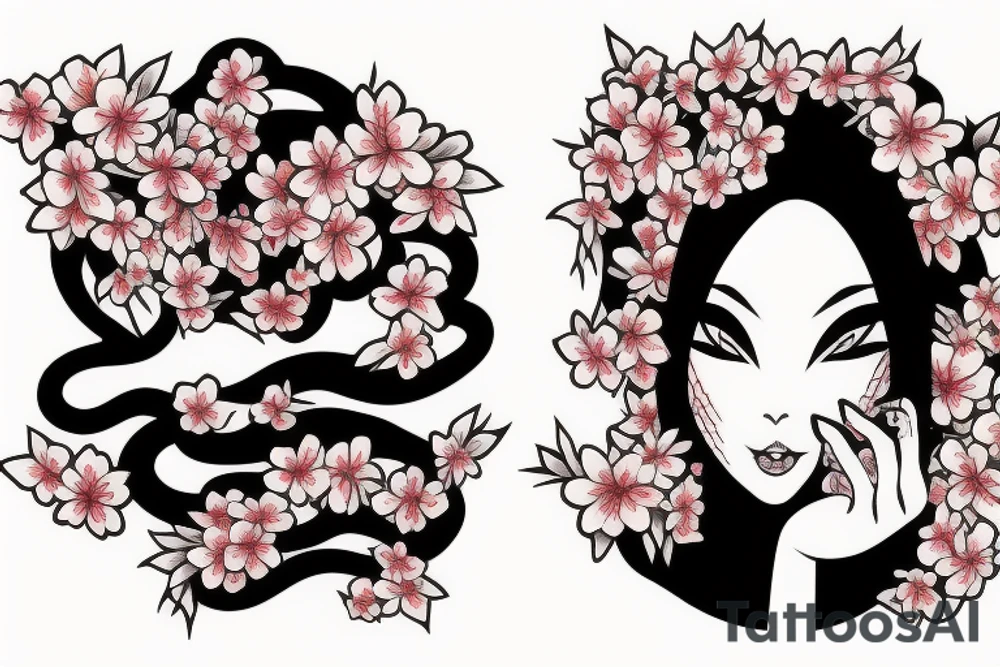 demonic woman’s face with Japanese cherry blossoms, smoke, waves and a snake tattoo idea
