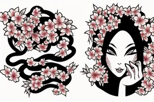 demonic woman’s face with Japanese cherry blossoms, smoke, waves and a snake tattoo idea