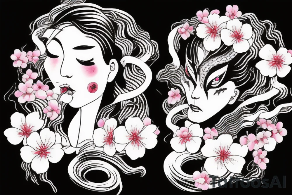 demonic woman’s face with Japanese cherry blossoms, smoke, waves and a snake tattoo idea