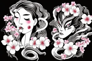 demonic woman’s face with Japanese cherry blossoms, smoke, waves and a snake tattoo idea
