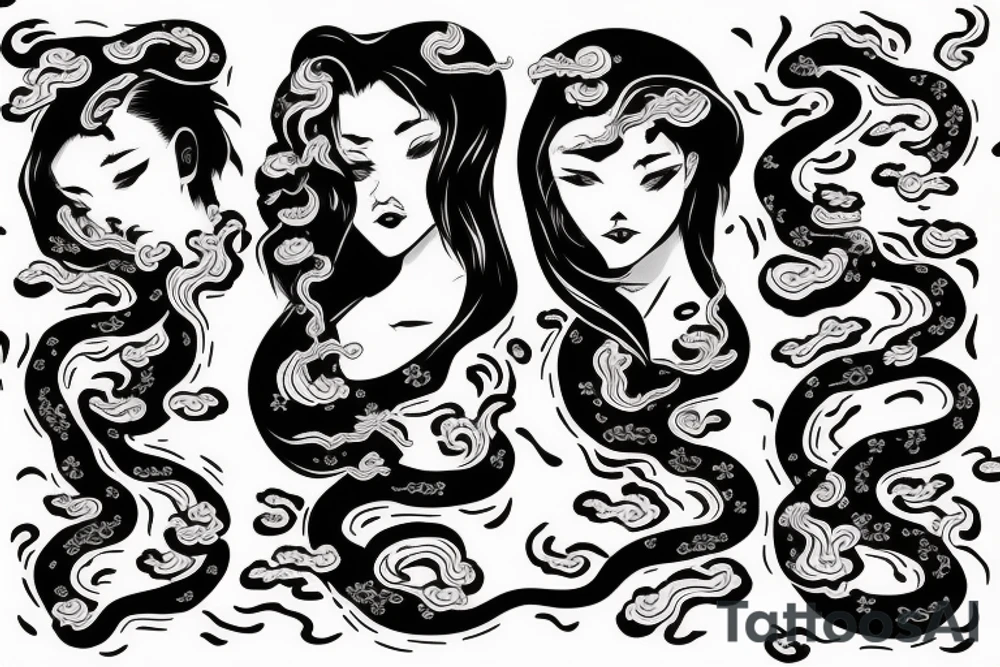 demonic woman’s face with Japanese cherry blossoms, smoke, waves and a snake tattoo idea