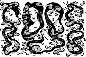 demonic woman’s face with Japanese cherry blossoms, smoke, waves and a snake tattoo idea