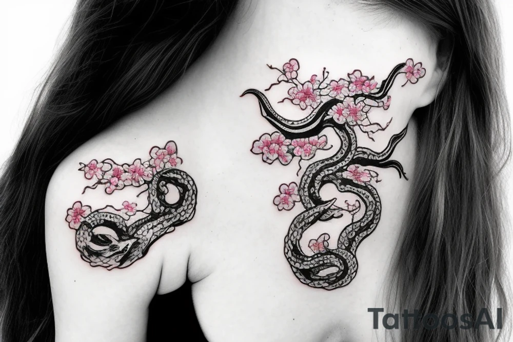 demonic woman’s face with Japanese cherry blossoms, smoke, waves and a snake tattoo idea