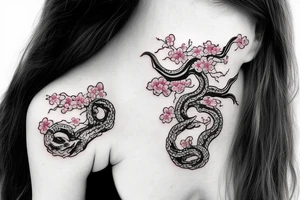 demonic woman’s face with Japanese cherry blossoms, smoke, waves and a snake tattoo idea