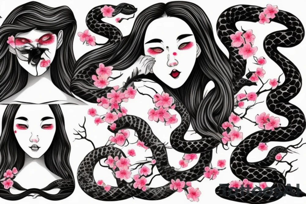 demonic woman’s face with Japanese cherry blossoms, smoke, waves and a snake tattoo idea