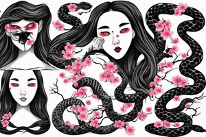 demonic woman’s face with Japanese cherry blossoms, smoke, waves and a snake tattoo idea
