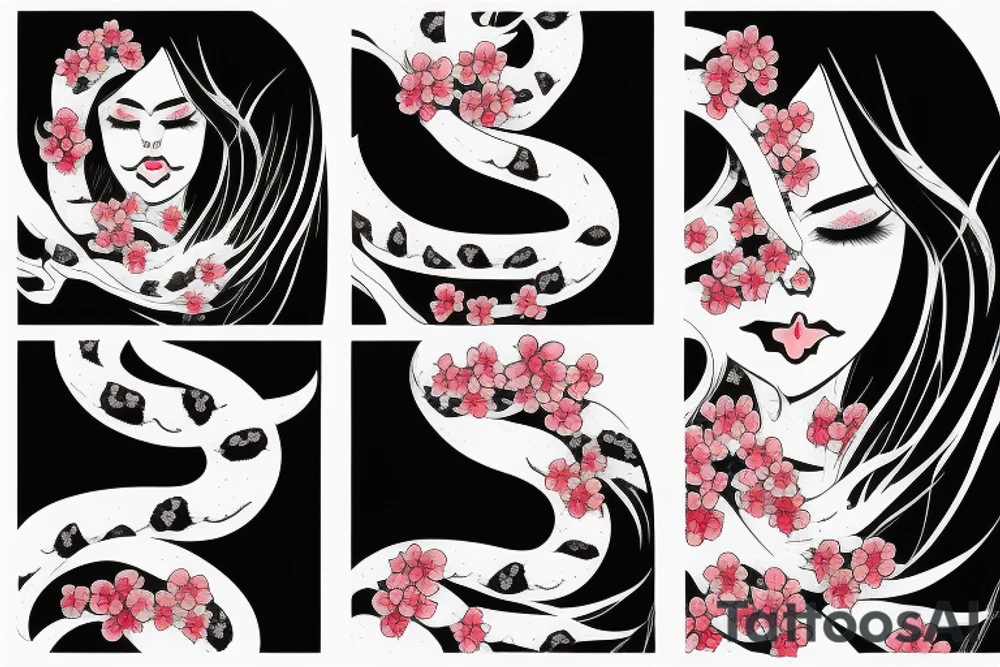 demonic woman’s face with Japanese cherry blossoms, smoke, waves and a snake tattoo idea