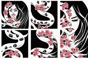 demonic woman’s face with Japanese cherry blossoms, smoke, waves and a snake tattoo idea