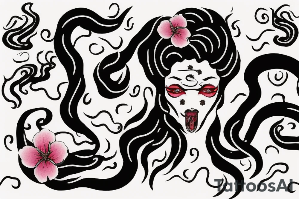 demonic woman’s face with Japanese cherry blossoms, smoke, waves and a snake tattoo idea