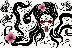 demonic woman’s face with Japanese cherry blossoms, smoke, waves and a snake tattoo idea