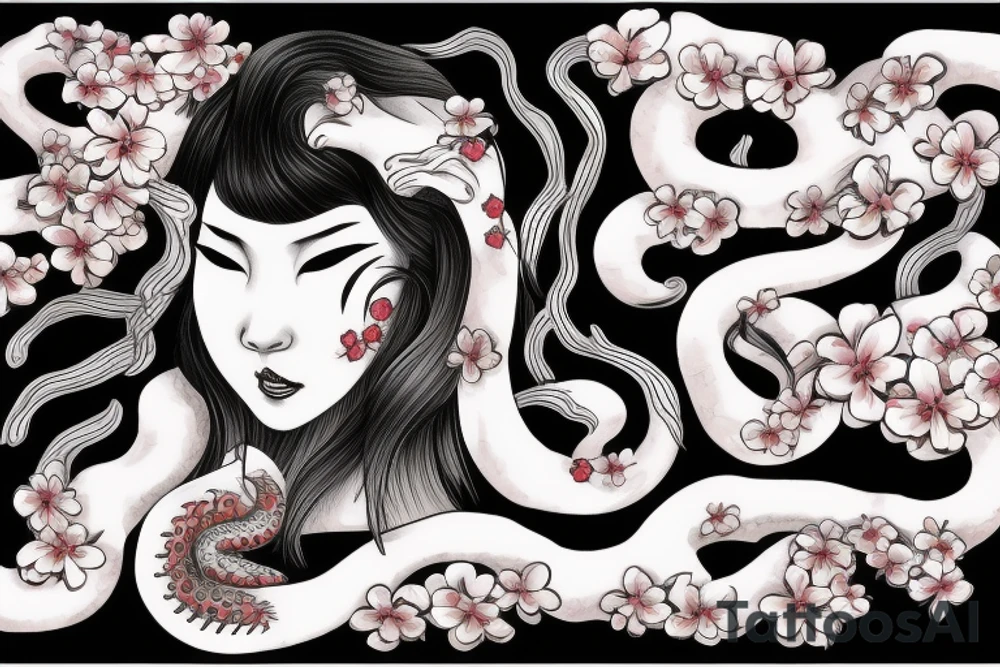 demonic woman’s face with Japanese cherry blossoms, smoke, waves and a snake tattoo idea