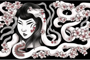 demonic woman’s face with Japanese cherry blossoms, smoke, waves and a snake tattoo idea