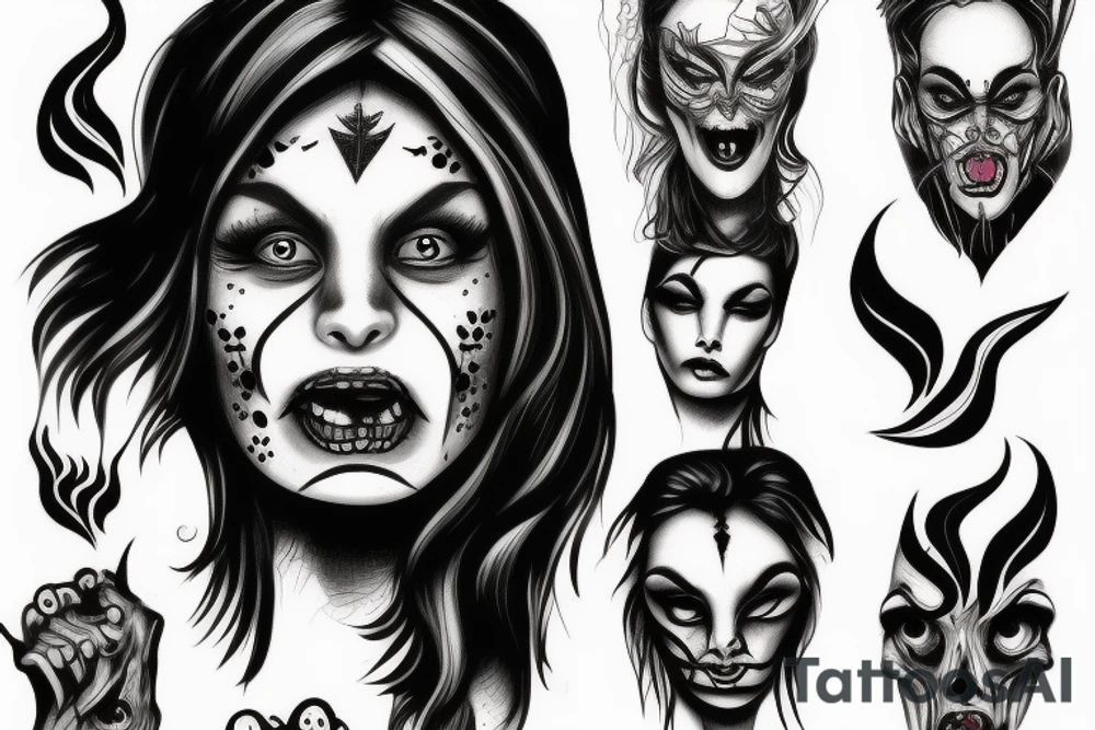 demonic woman’s face with smoke tattoo idea
