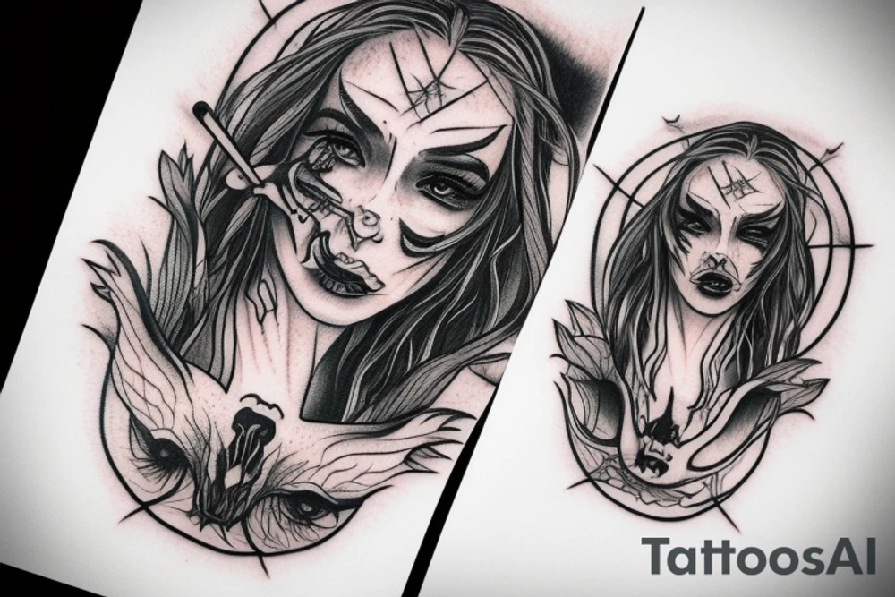 demonic woman’s face with smoke tattoo idea
